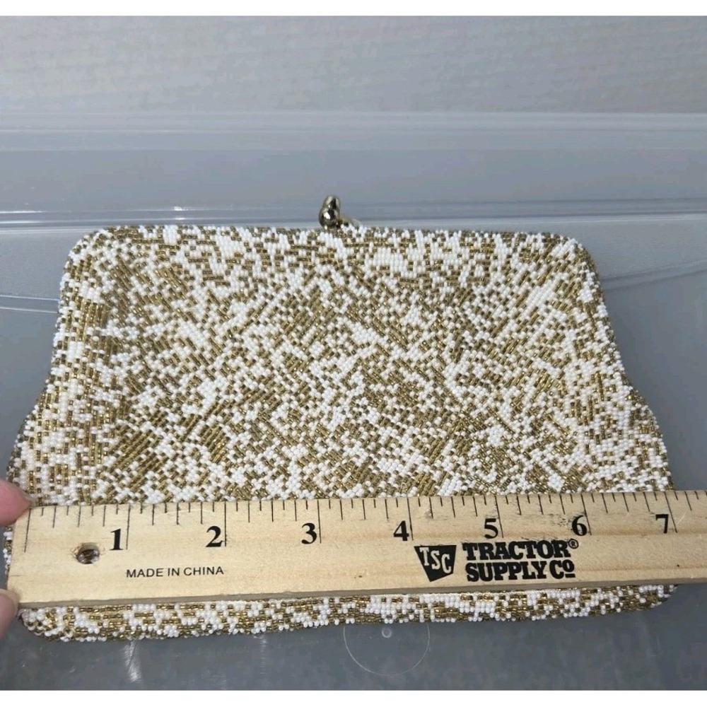 Vintage Sharonee Japan Hand Beaded Evening Cocktail Purse Bag Clutch Cream Gold